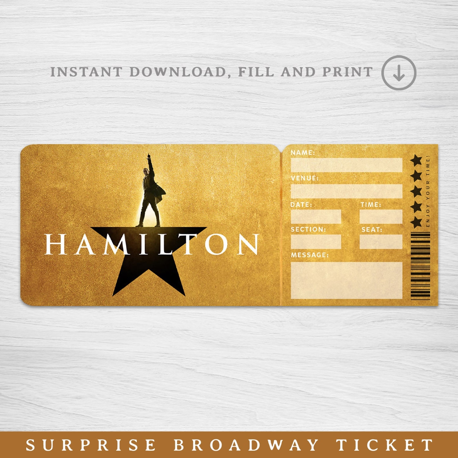 Printable Hamilton Broadway Surprise Ticket Hamilton The Musical 