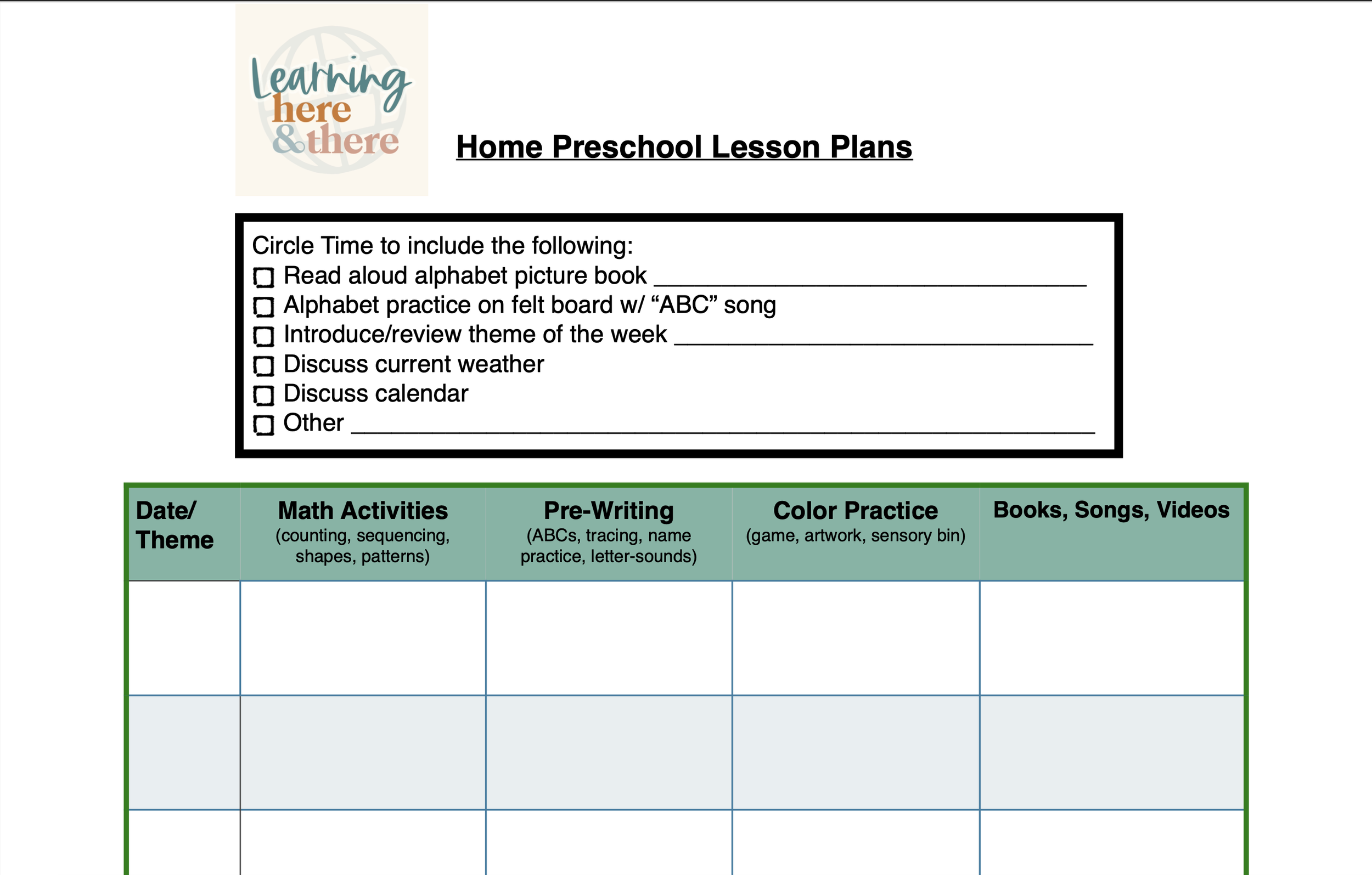 Preschool Lesson Plans Free Printable