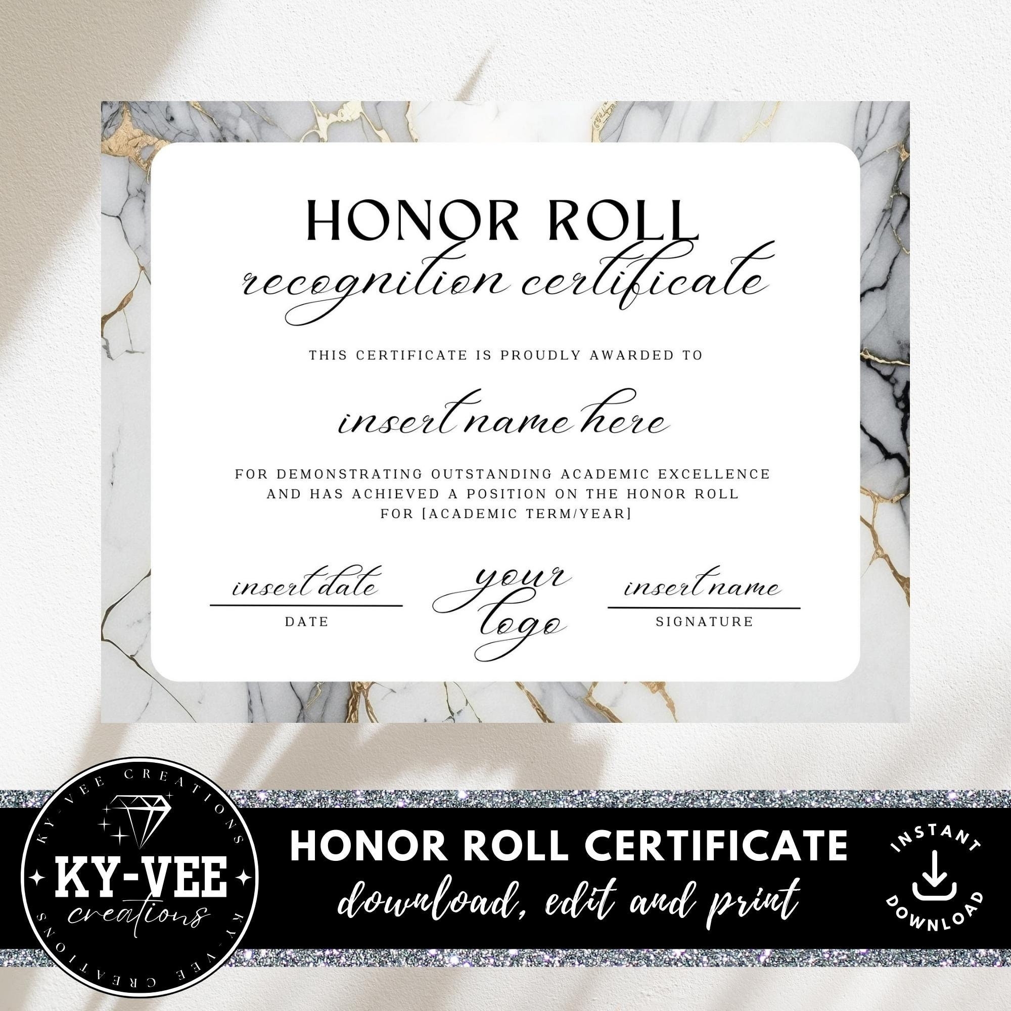 Printable Honor Roll Certificate INSTANT DOWNLOAD Canva Certificate Template Editable Graduation Diploma Award With Marble Border Etsy