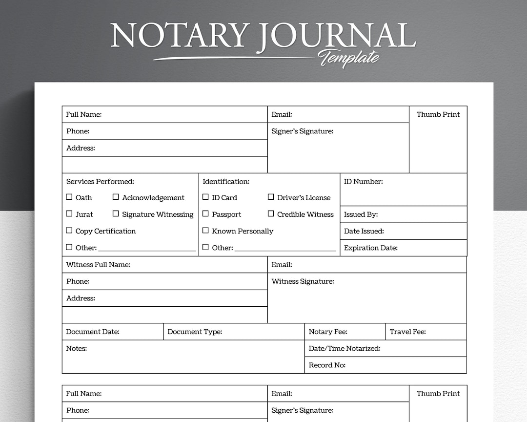 Printable Notary Journal Notary Log Notary Book Printable PDF 