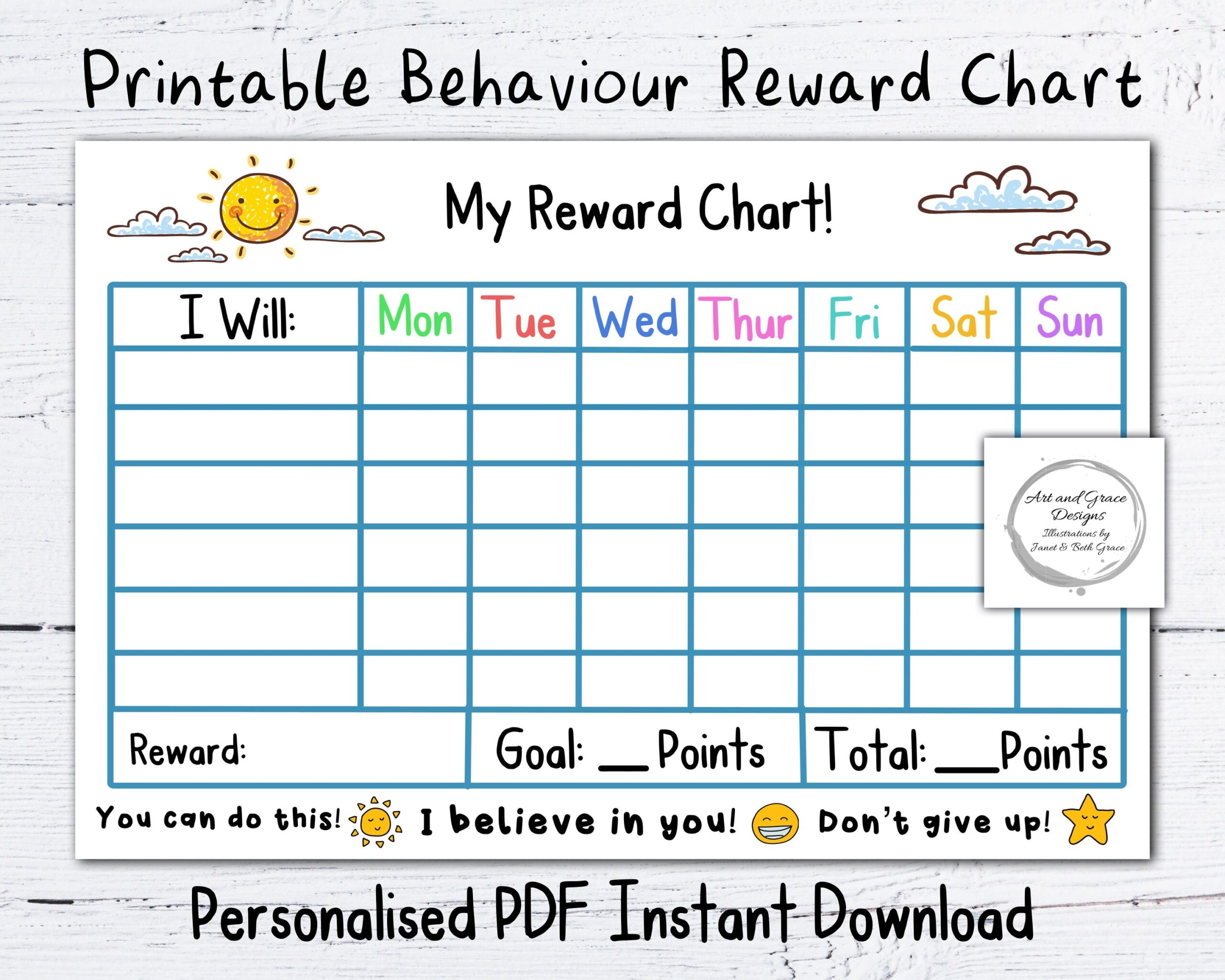 Printable PDF Reward Chart Personalised Instant Download Kid s Behaviour Chart Sun And Clouds Encouragement Chart