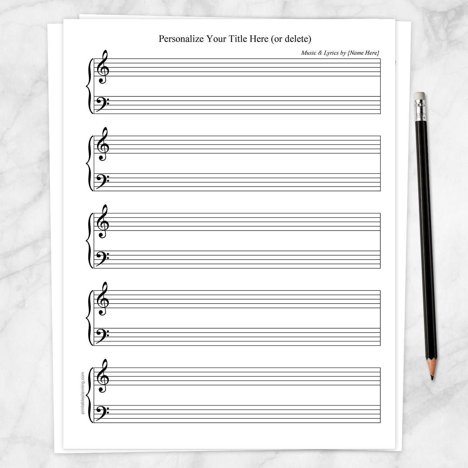 Printable Personalized Sheet Music BLANK Piano And Vocals Personalize Title And Name Instant Download