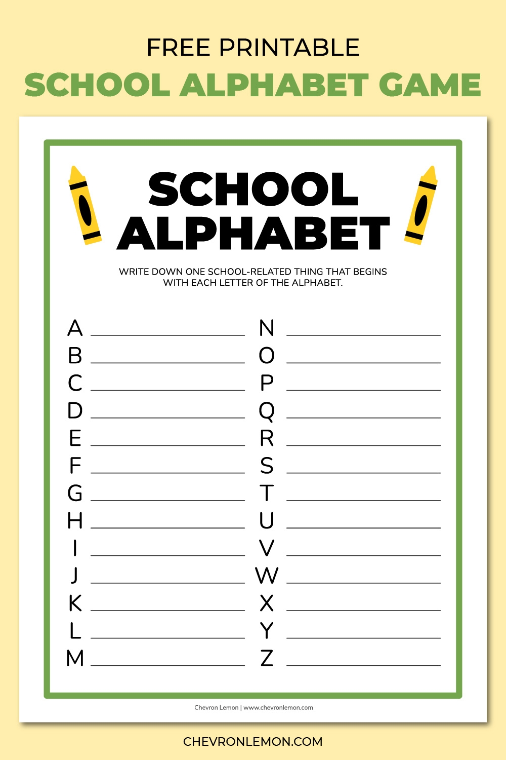 Printable School Alphabet Game Chevron Lemon