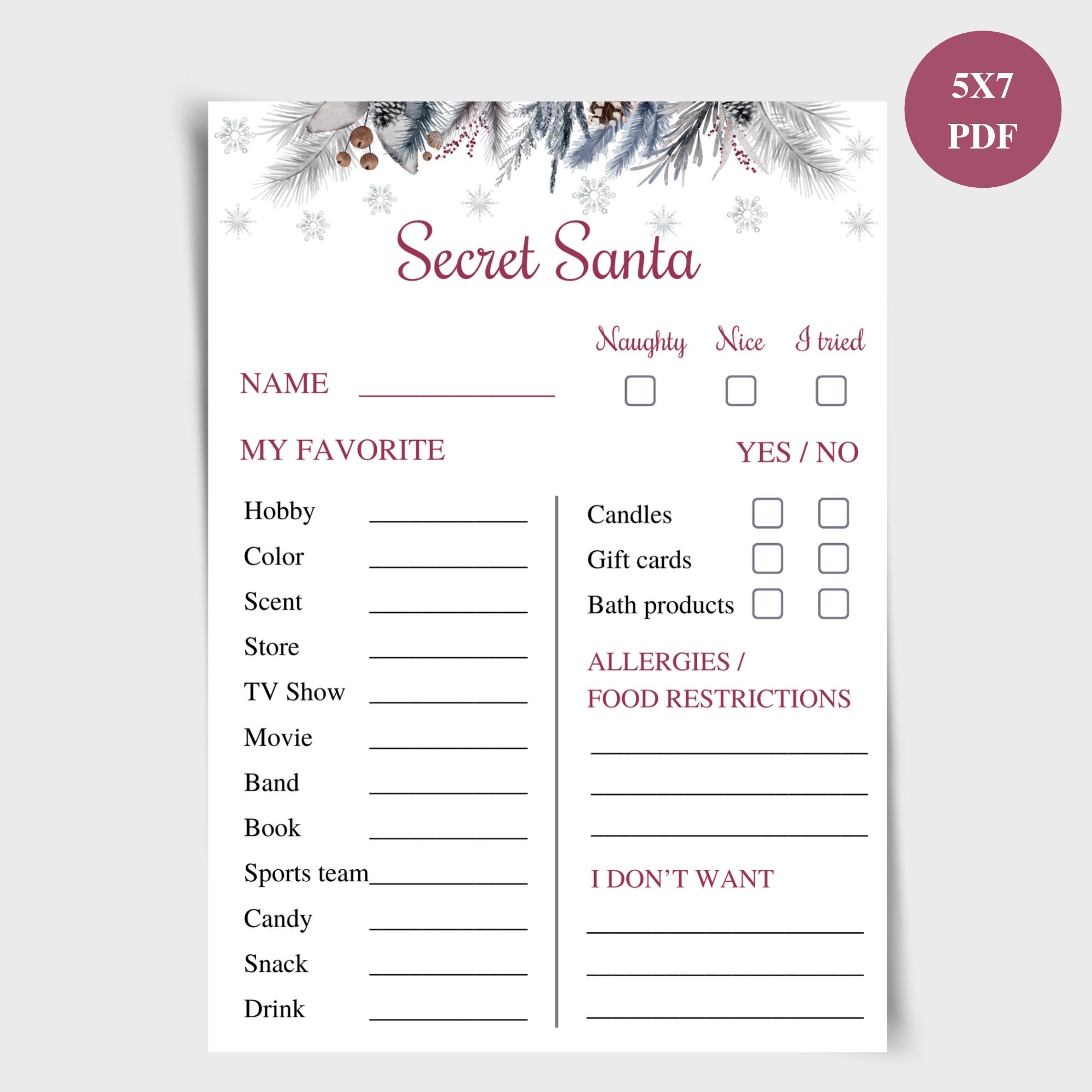 Gift Exchange Questionnaire Free Printable