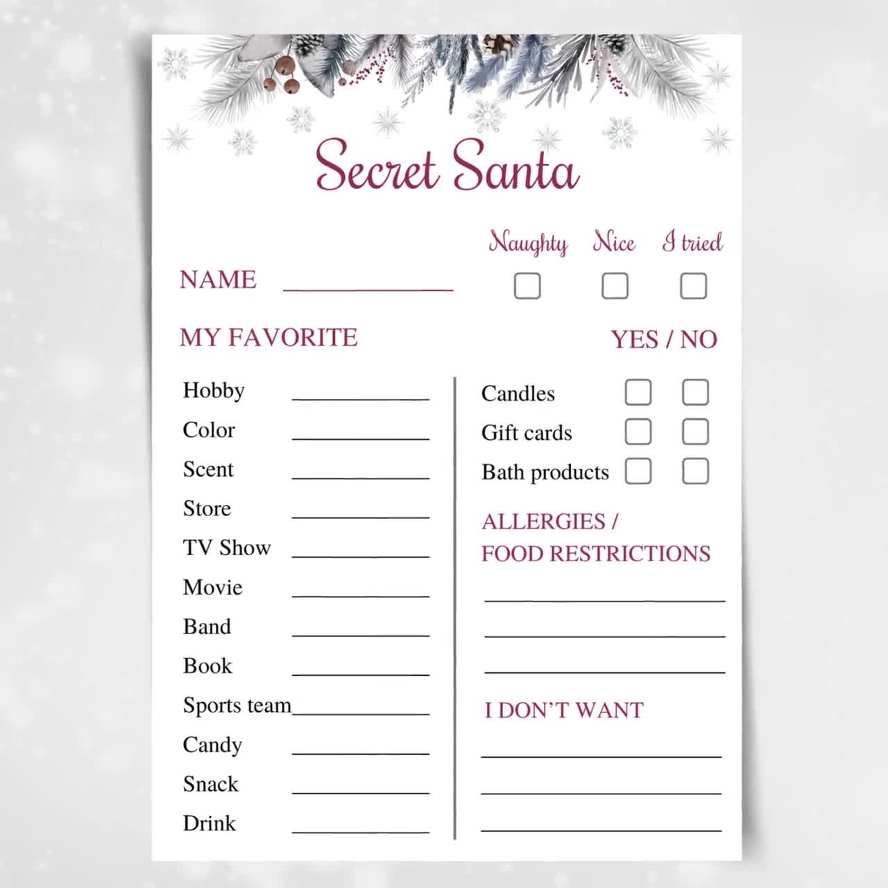 Printable Secret Santa Questionnaire 5x7 Work Secret Santa Info Cards Christmas Gift Exchange Questions Secret Santa Christmas Wish List