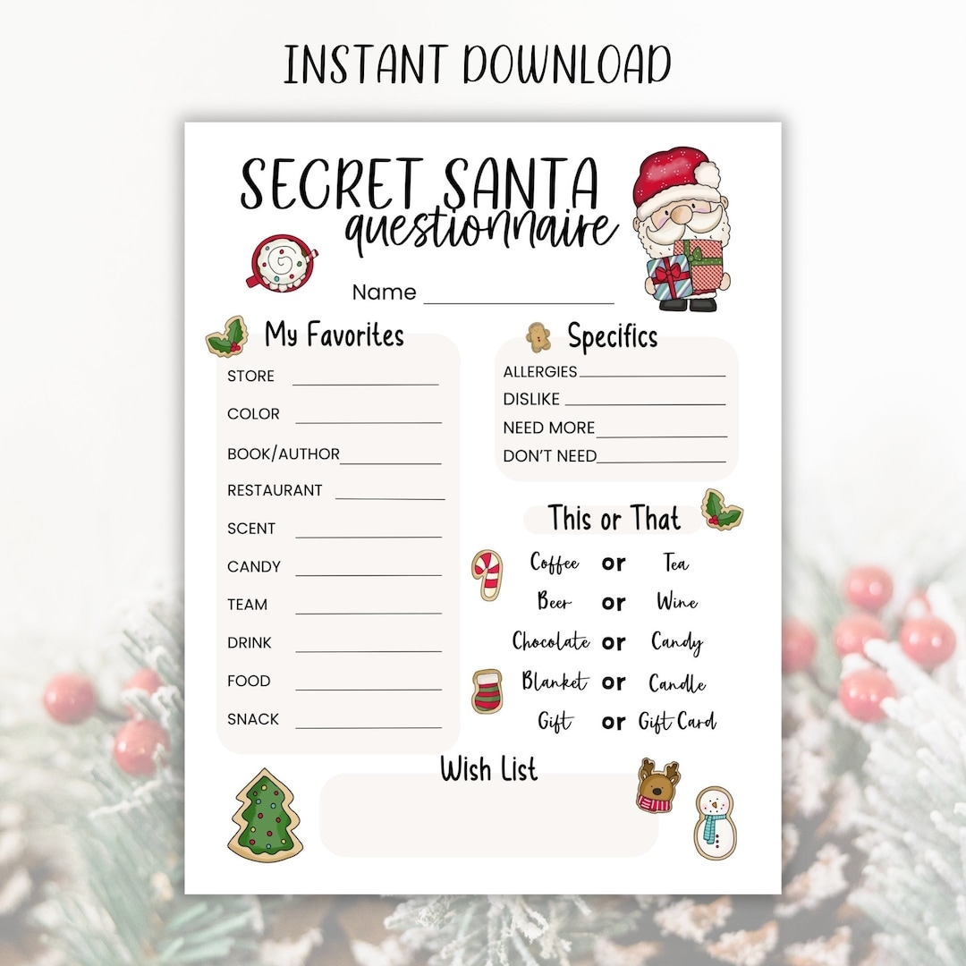 Printable Secret Santa Questionnaire Christmas Holiday Gift Exchange Questions Form For Work Office Coworkers Neighbors Friends PDF Etsy