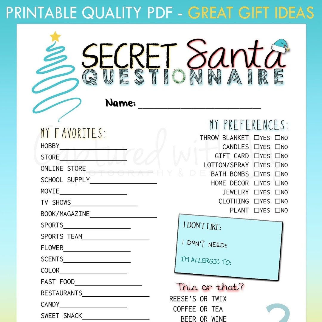 Printable Secret Santa Questionnaire For Gift Exchange work Or Personal Etsy