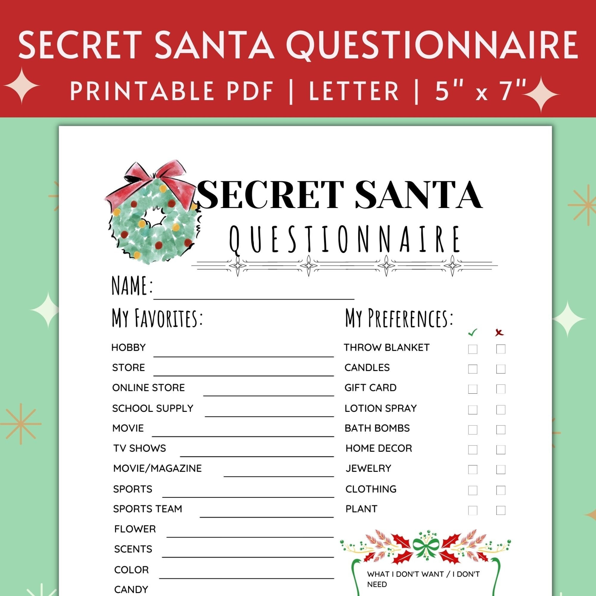 Printable Secret Santa Questionnaire For Work Or Family Holiday 