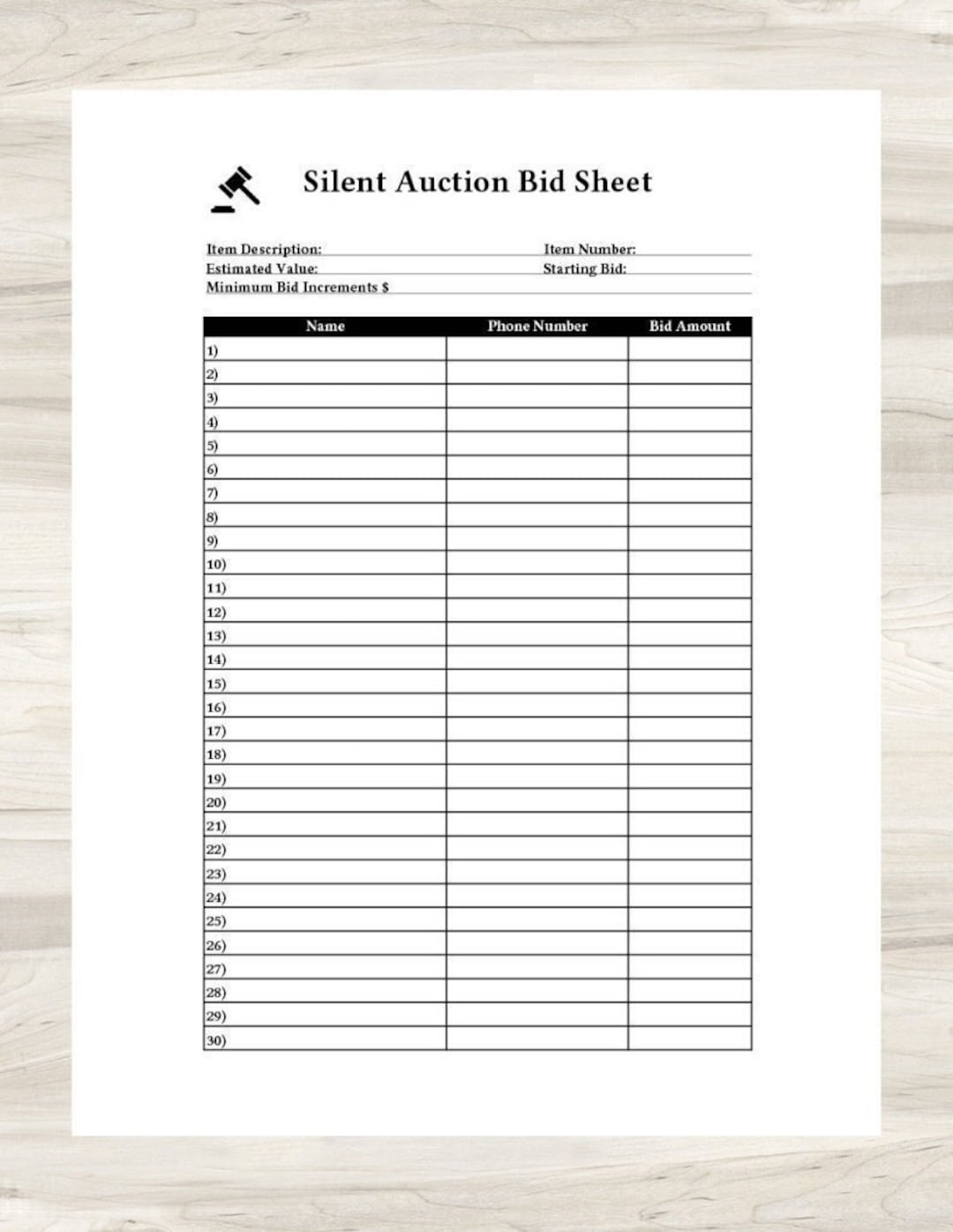 Blank Free Printable Bid Sheets