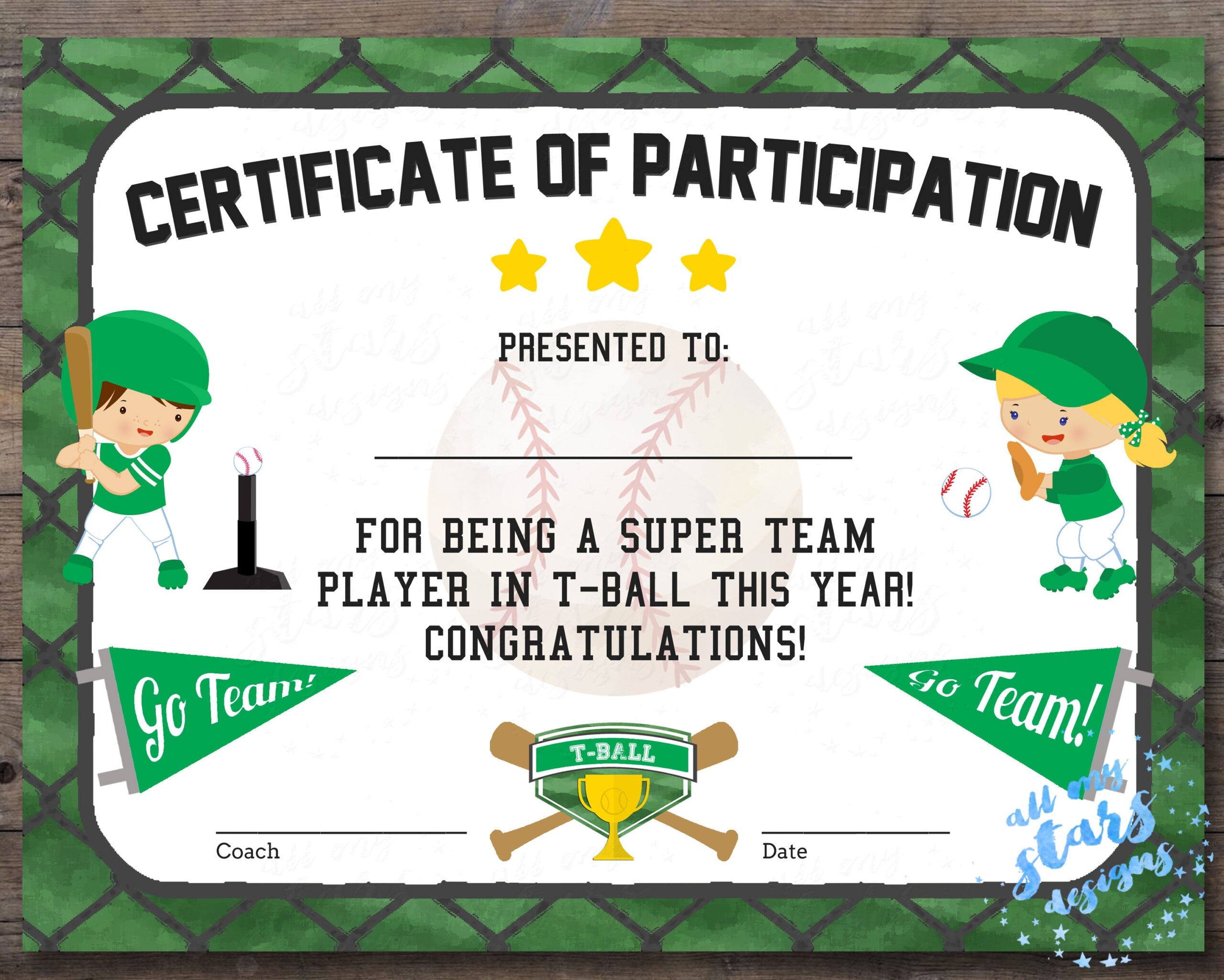 Printable T ball Participation Certificate Sports Award 