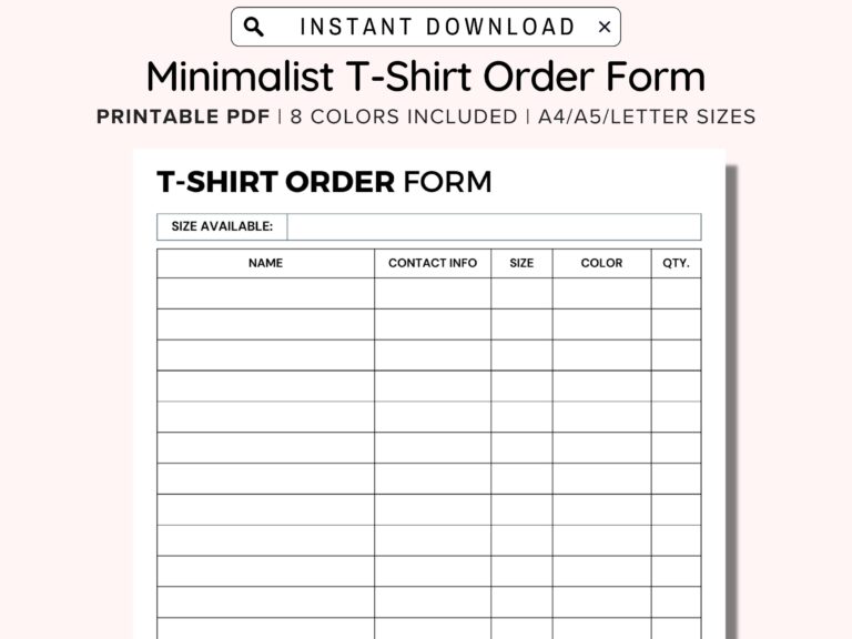 Printable T Shirt Order Form Template Editable Order Form 