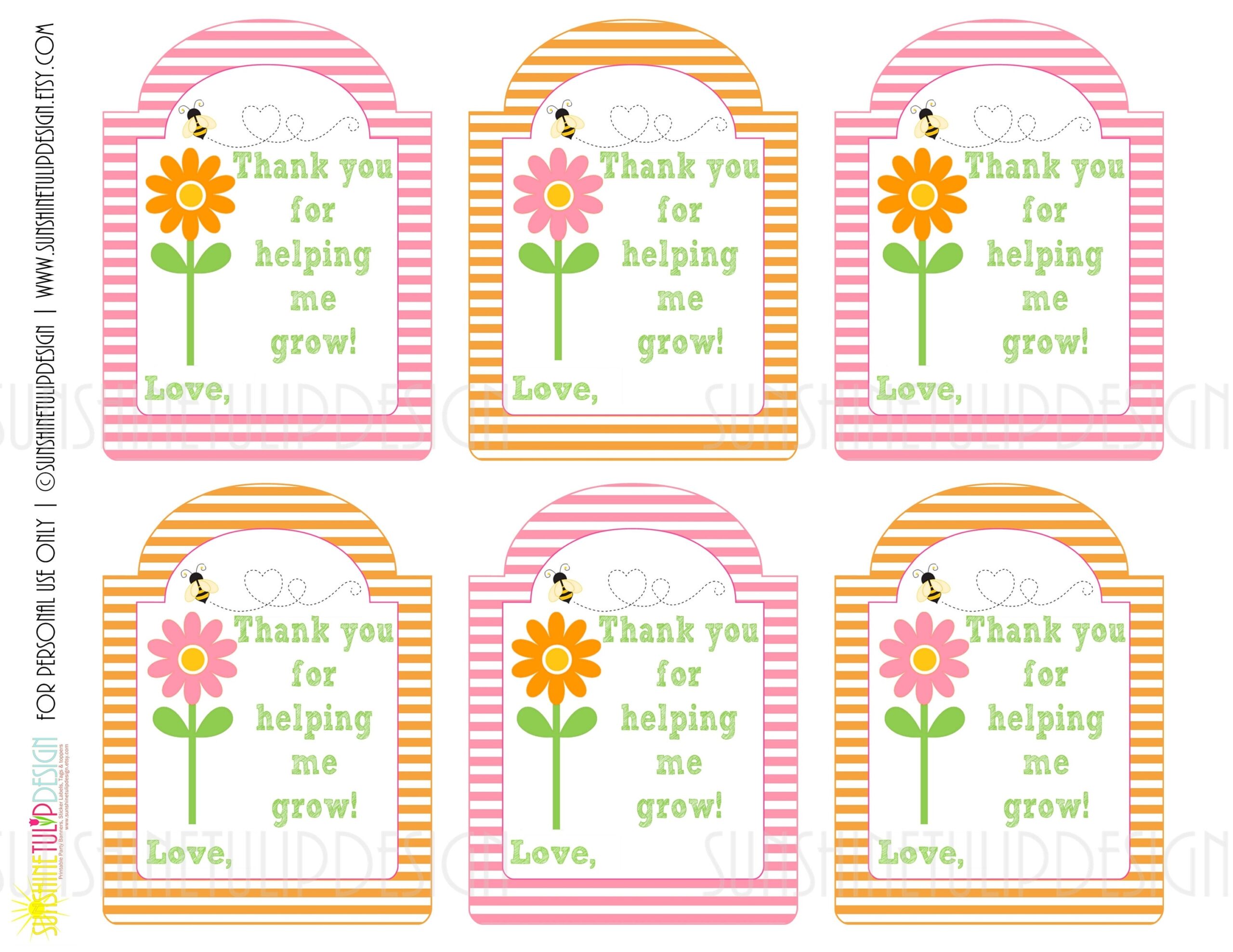 Printable Teacher Appreciation Gift Tags Thank You For Helping Me Grow Gift Tags Pink And Orange Stripe Gift Tags By SUNSHINETULIPDESIGN