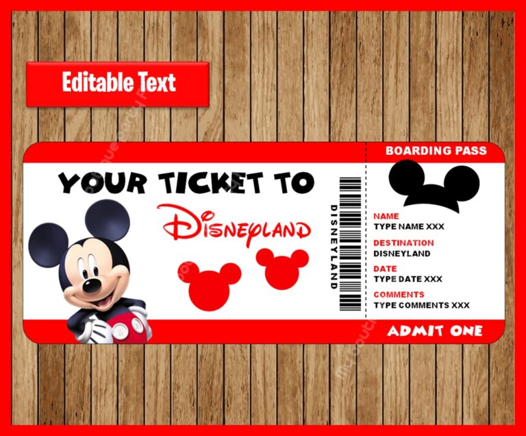 Printable Ticket To Disneyland Surprise Trip Birthday Gift Disneyland EDITABLE Text Mickey Mouse INSTANT DOWNLOAD