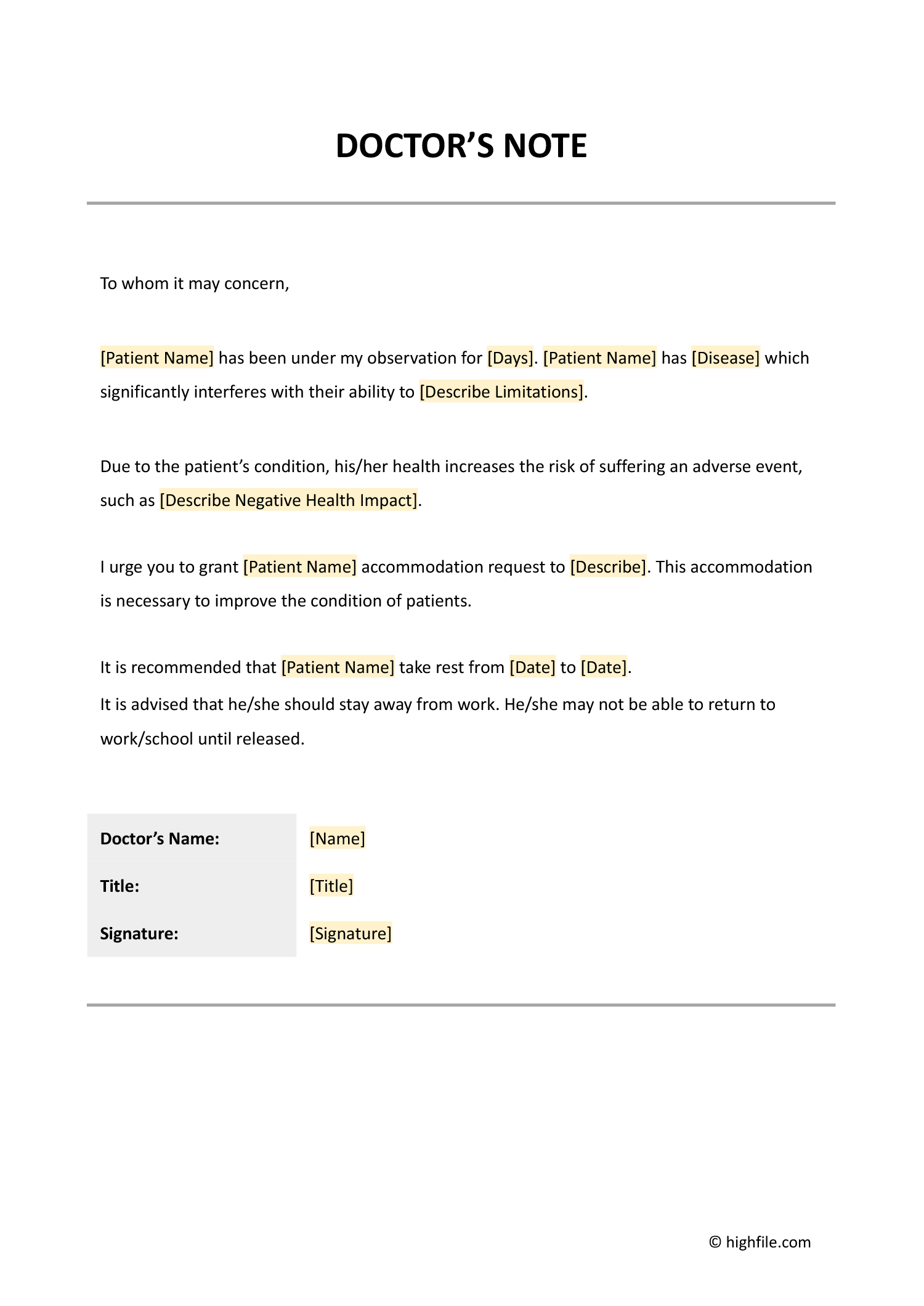 Printable Urgent Care Doctors Note Template Highfile