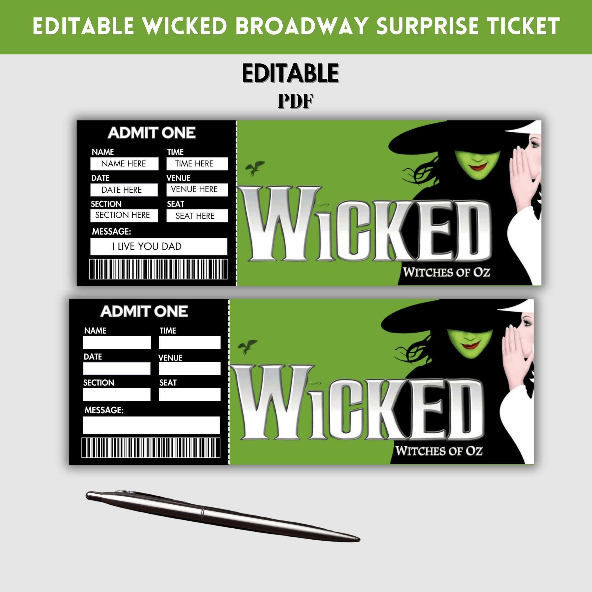 Printable Wicked Broadway Surprise Ticket Musical Theatre Faux 