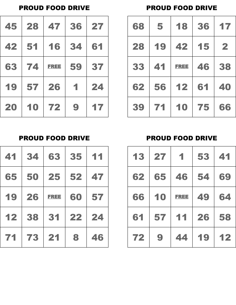 PROUD FOOD DRIVE Bingo Cards WordMint