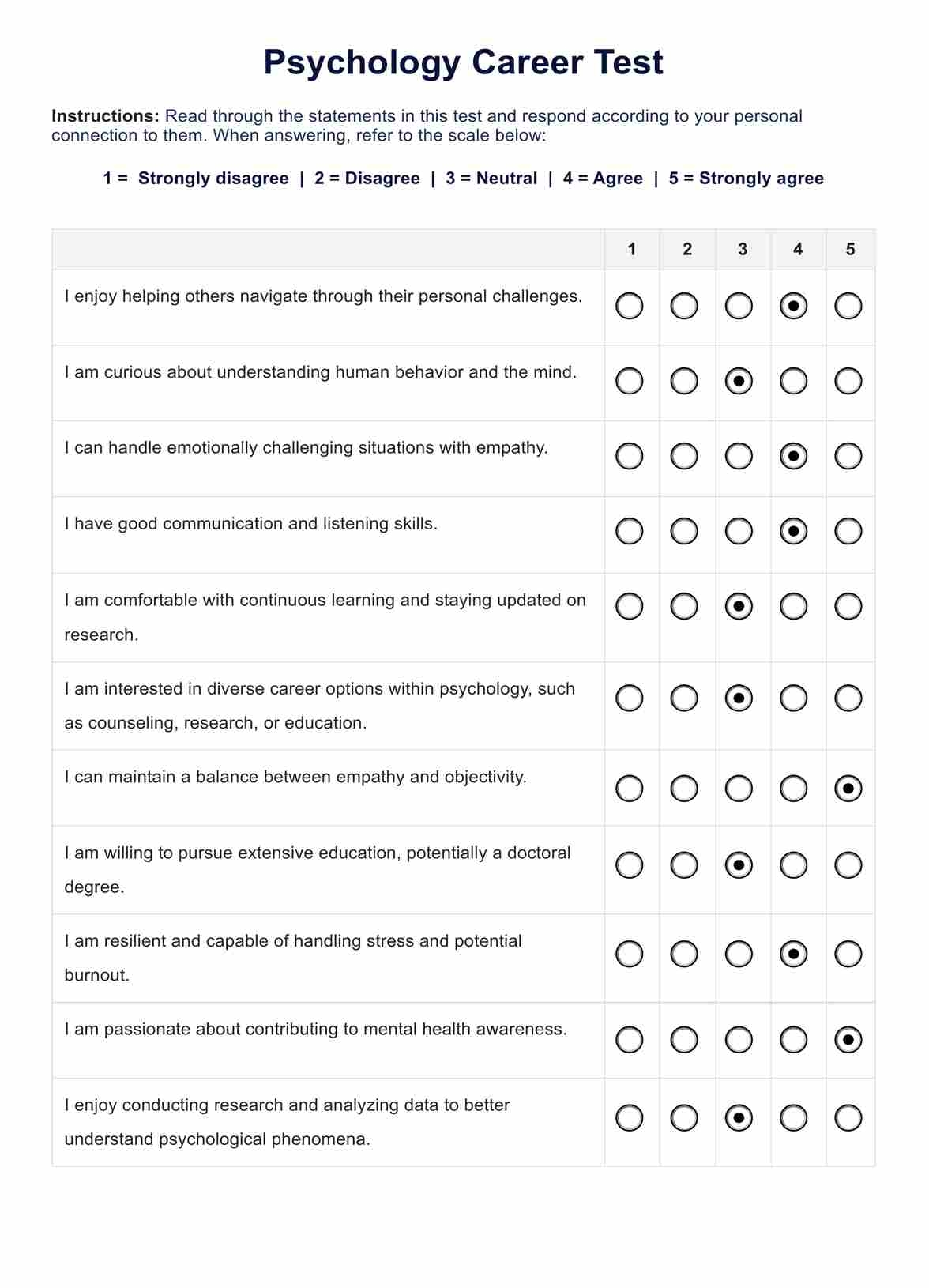 Psychology Career Test U0026 Example Free PDF Download
