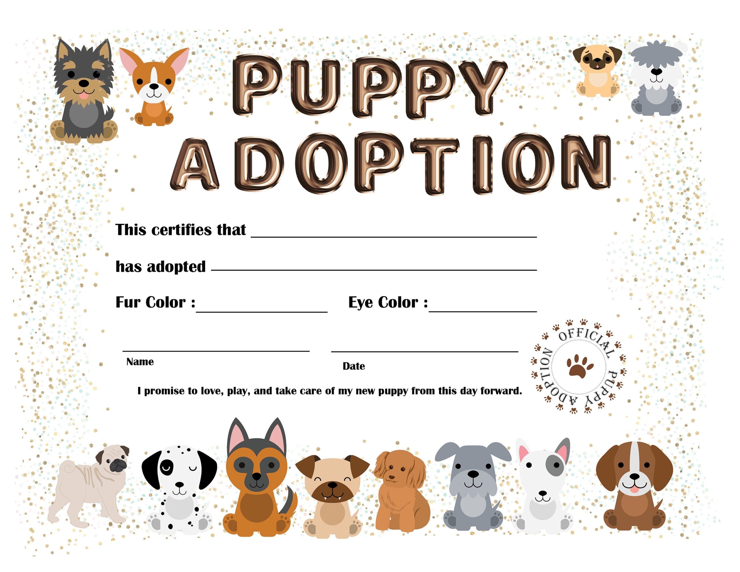 Puppy Adoption Printable Instant Download New Puppy Certificate 