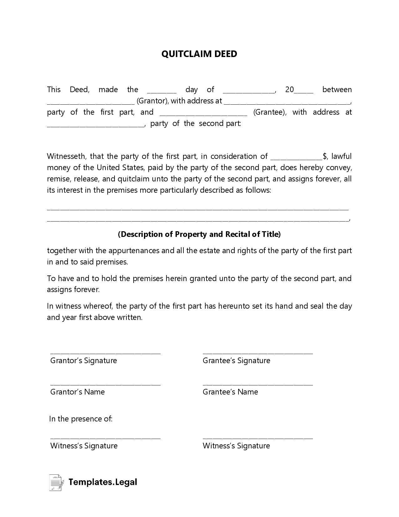 Quitclaim Deed Templates Free Word PDF ODT 