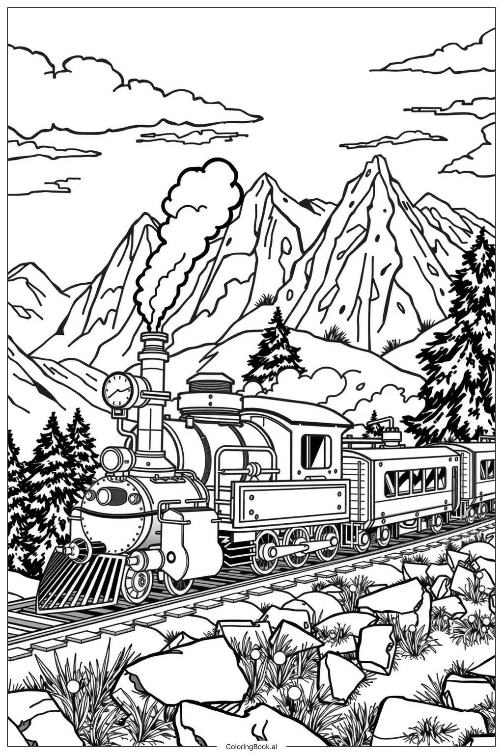 Realistic Steam Train In A Mountain Landscape 2 Coloring Page Free PDFu0026PNG Printable 