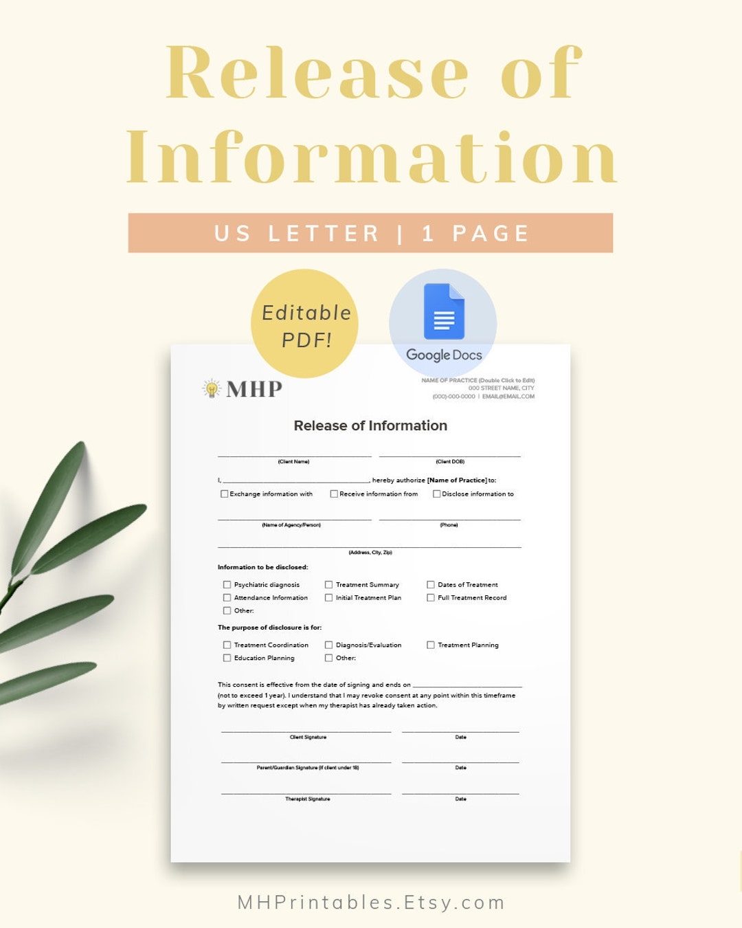 Release Of Information Consent Form Template For Private Practice Therapists And Counselors Etsy