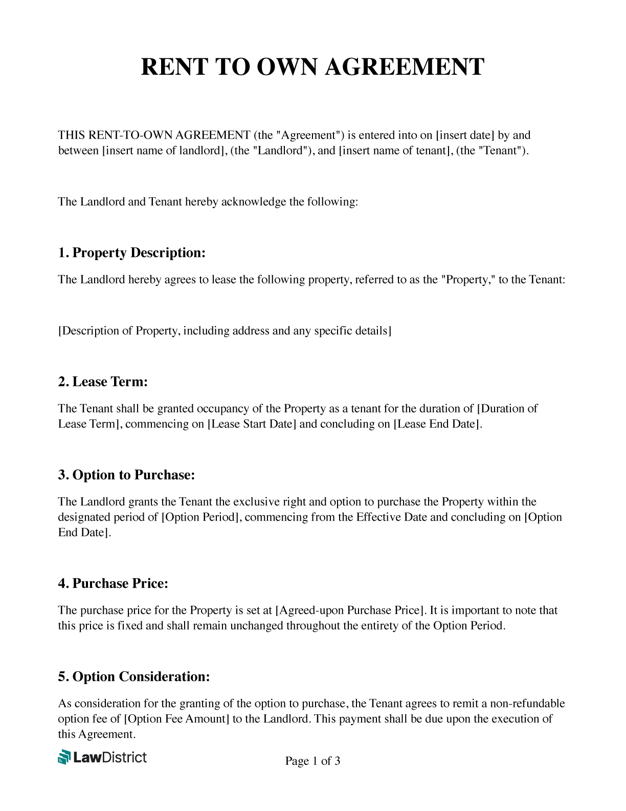 Rent to Own Agreement Form Download PDF U0026 Word LawDistrict
