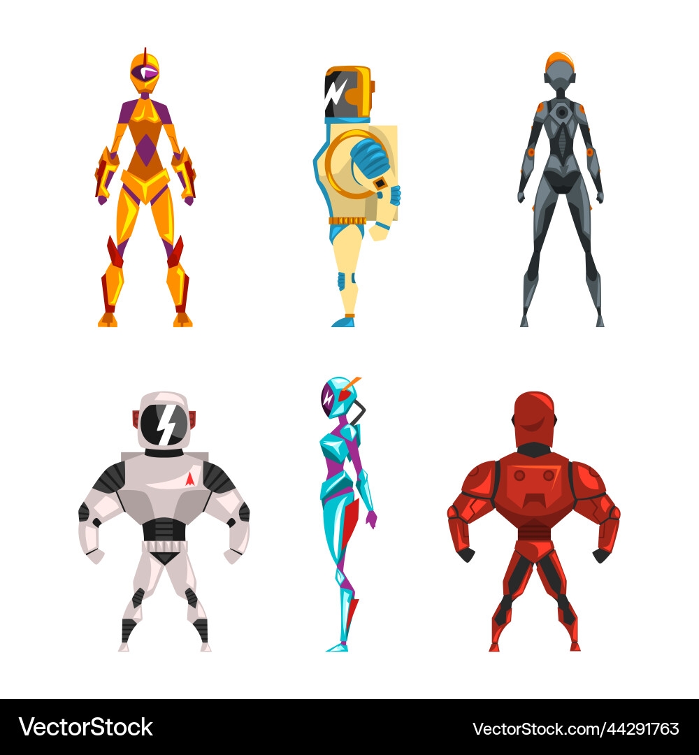 Robot Superhero Figures In Helmet And Armored Vector Image