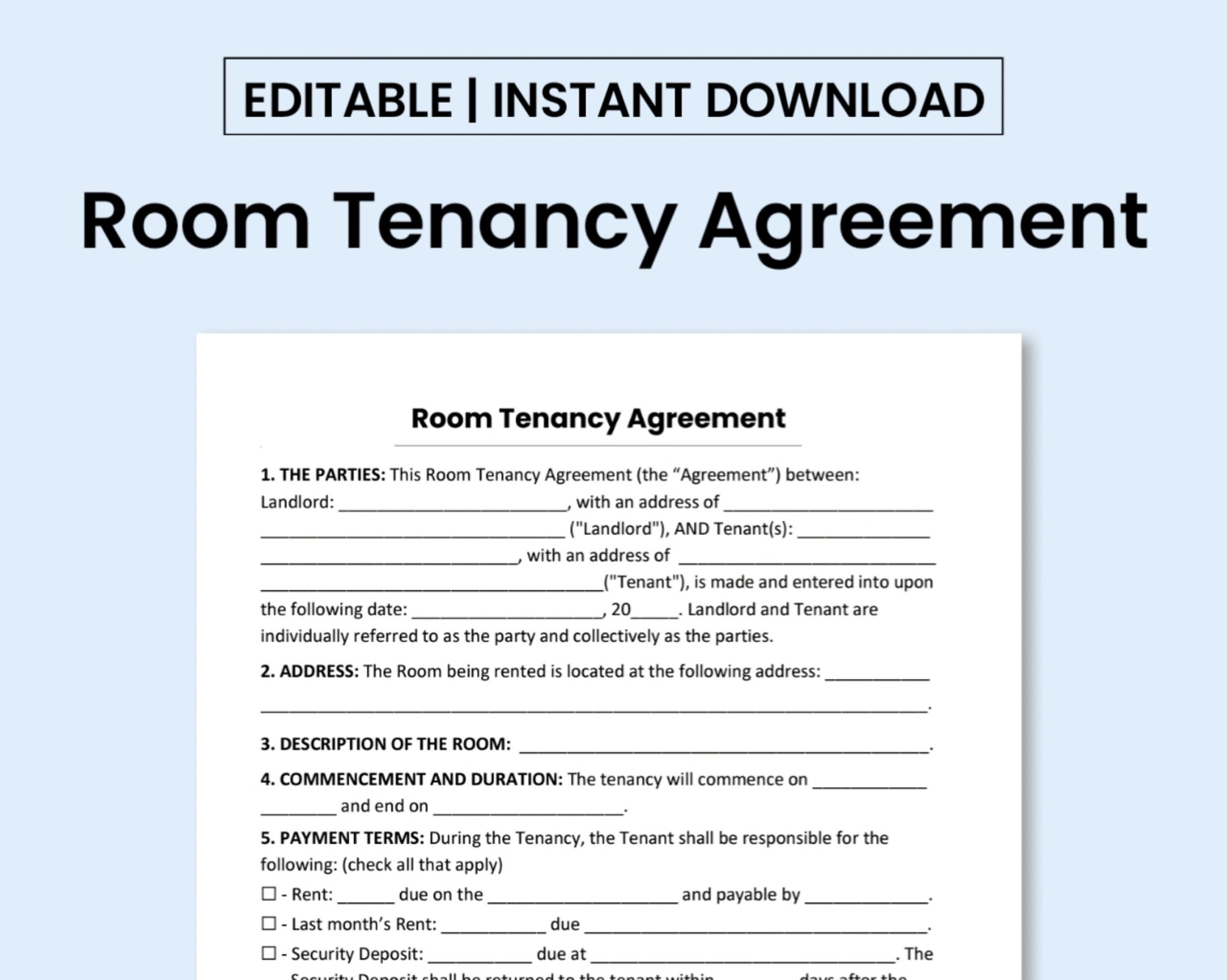 Room Tenancy Agreement Template PDF Form Word Document 