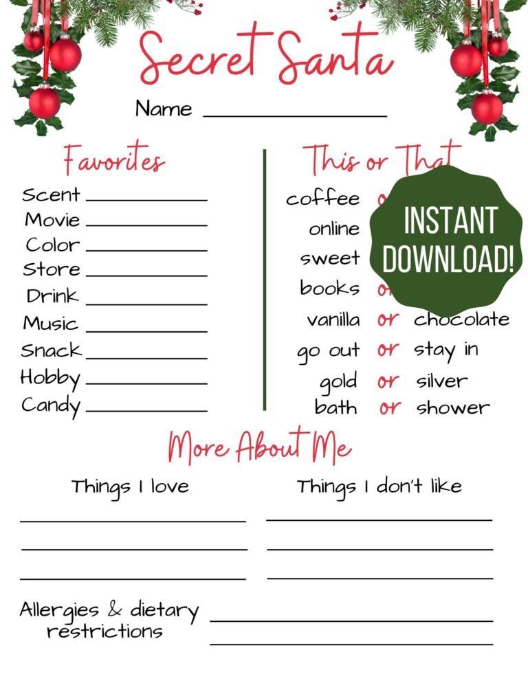 Secret Santa Questionnaire Secret Santa Form Christmas Printable