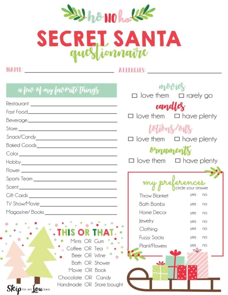 Secret Santa Questionnaire Skip To My Lou Worksheets Library