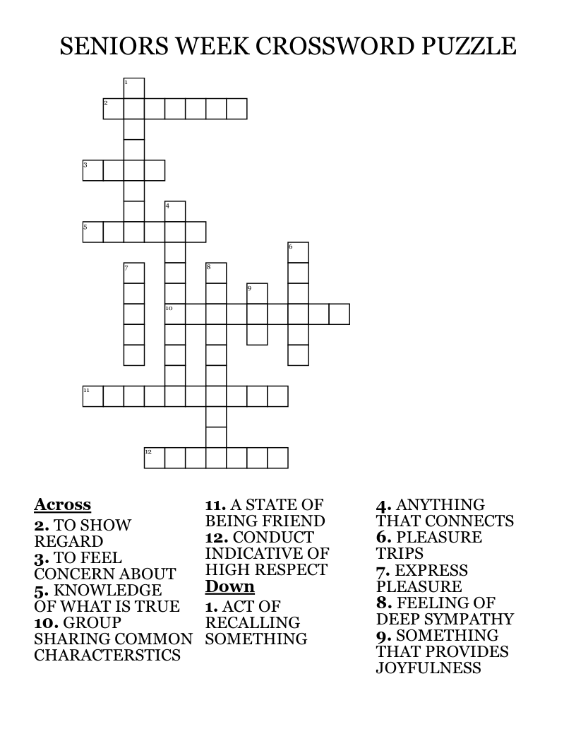 SENIORS WEEK CROSSWORD PUZZLE WordMint