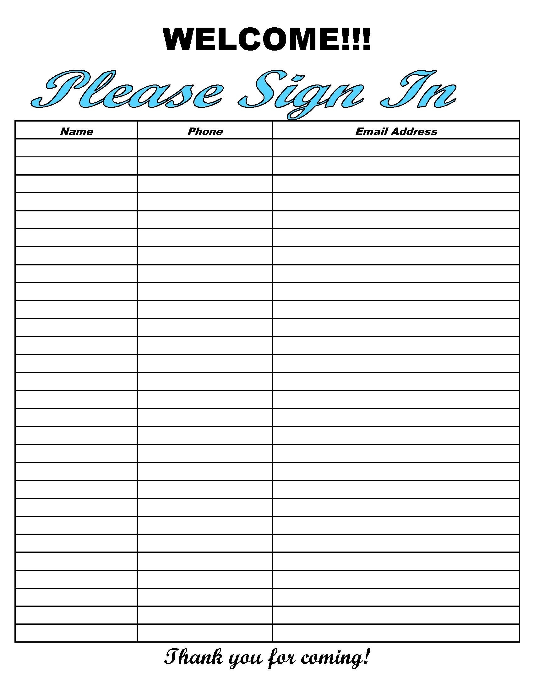 Sign In Sheet Printable PDF Fillable Sign Up Sheet Event Sign In Sheet Email List Contact Info Open House Sign In Editable