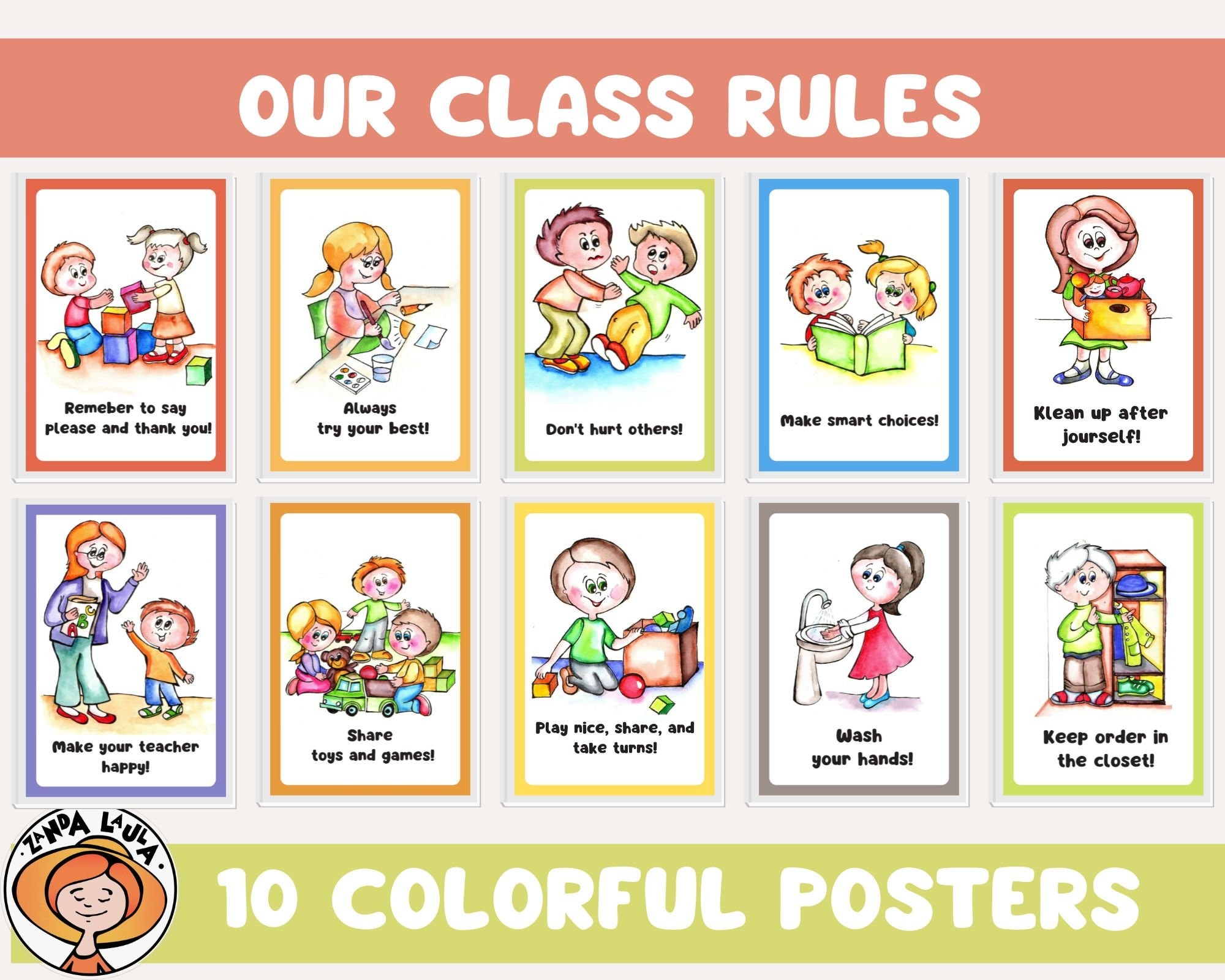 Simple Class Rules For Preschool And Daycare 10 Colrful Posters For Kindergarten Classrooms Class Management And Design Ideas PDF JPG Etsy