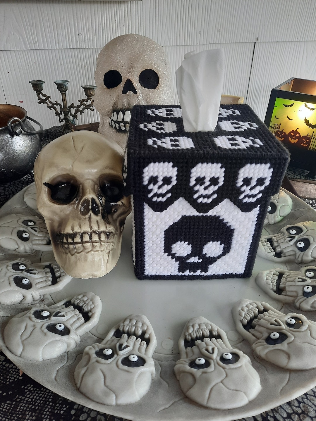 Skull Tissue Box Cover Plastic Canvas Pattern Digital PDF Pattern Halloween Tissue Topper Halloween Patterns Holiday Tissue Topper Etsy