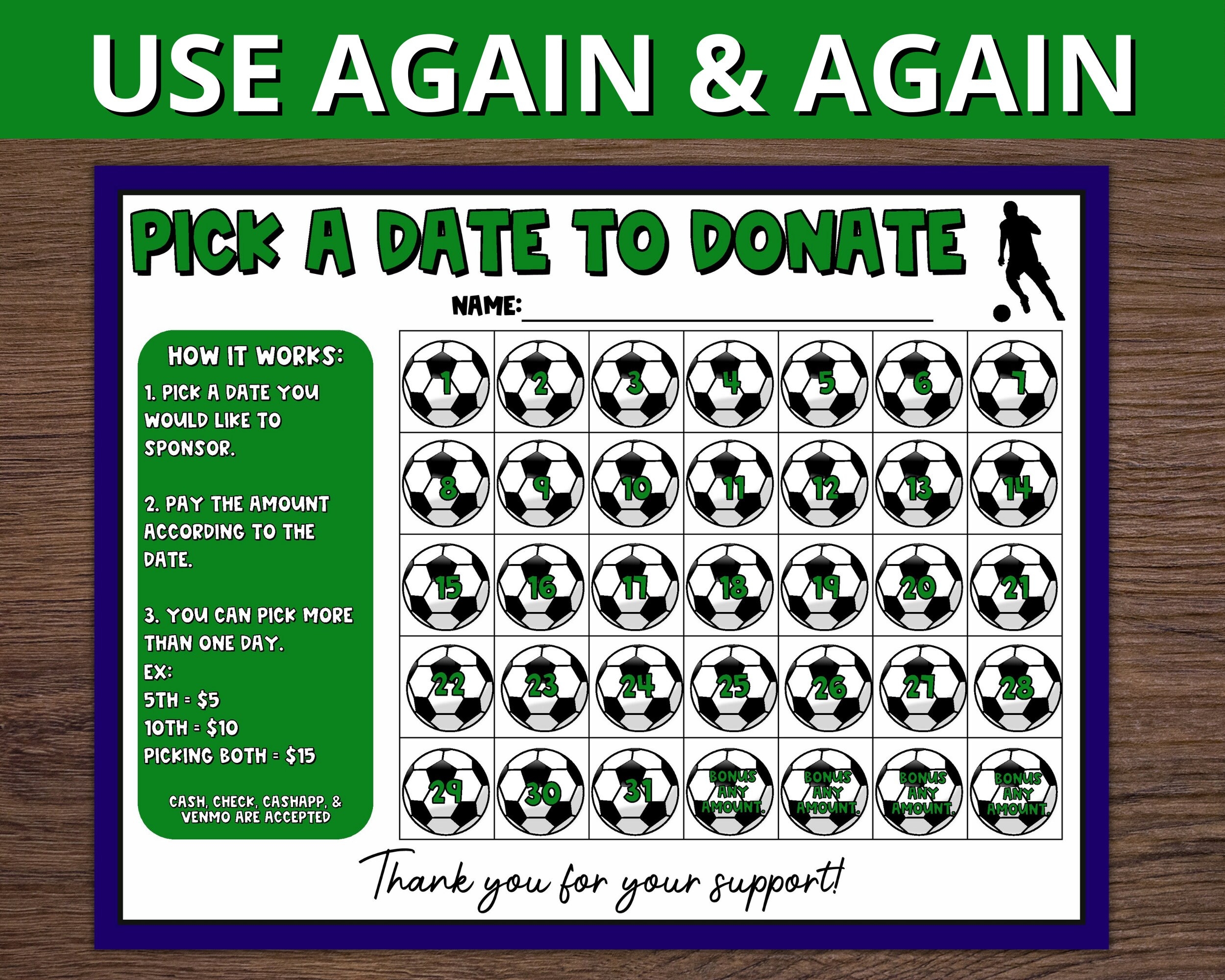 Soccer Calendar Fundraiser Pick A Date To Donate Printable 