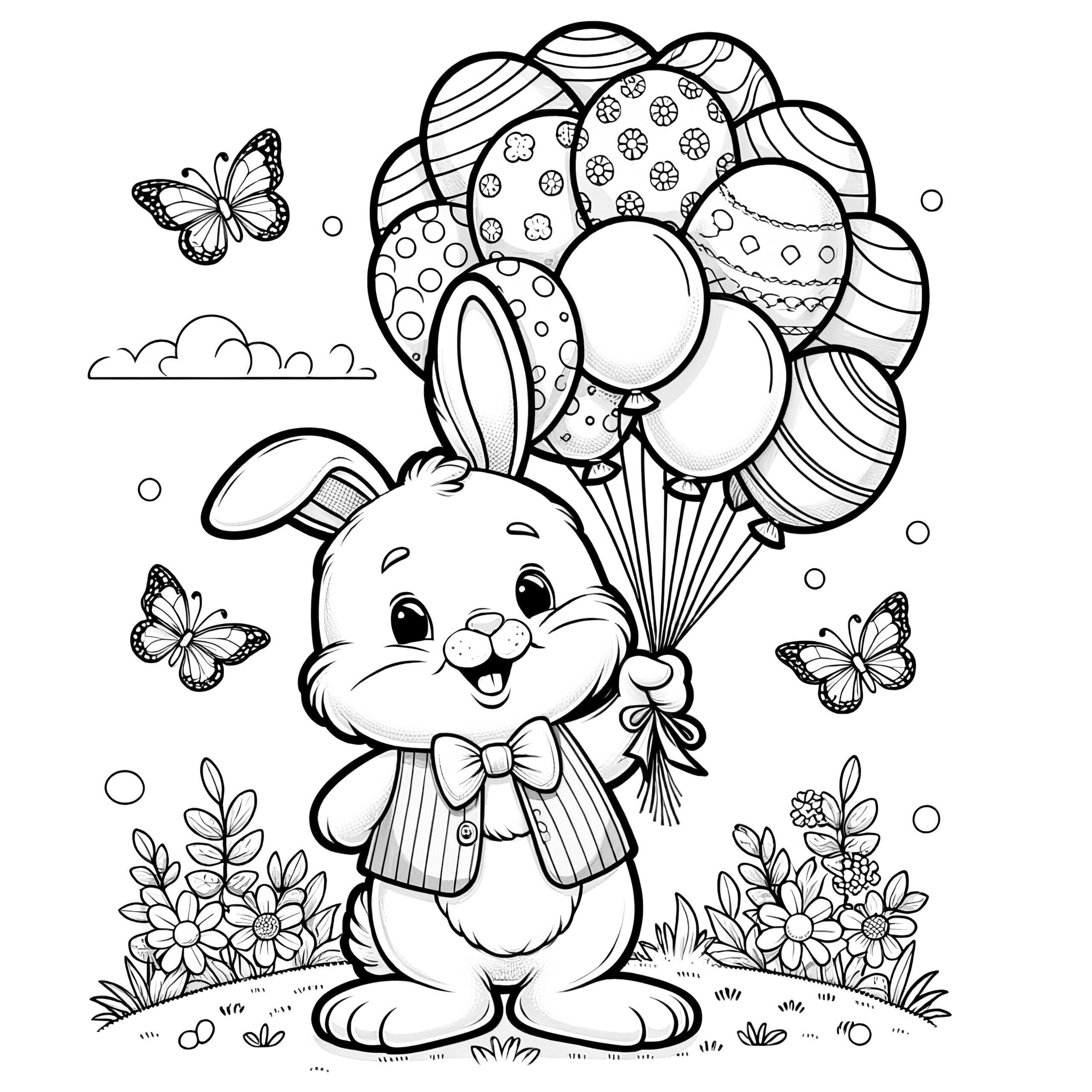 Stylish Easter Bunny With Balloons And Butterflies Coloring Page 