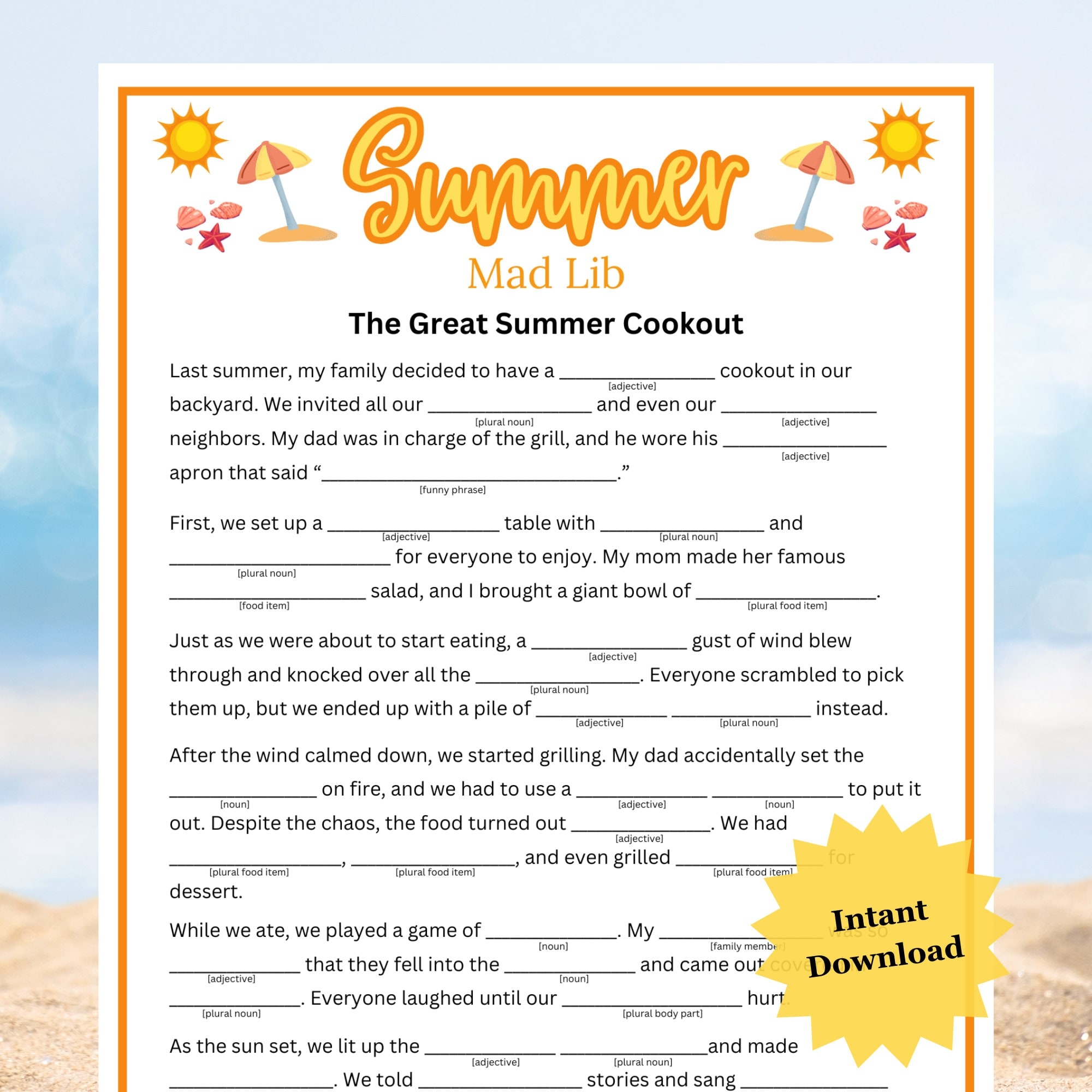 Summer Mad Libs Family Summer Activities Fun Summer Game 