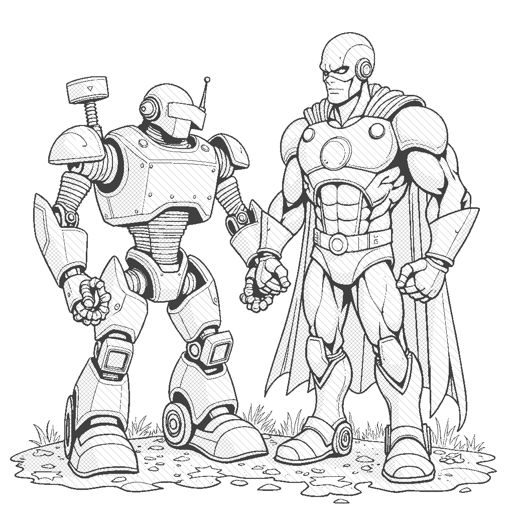 Superhero And The Robot Coloring Page ColorAI me