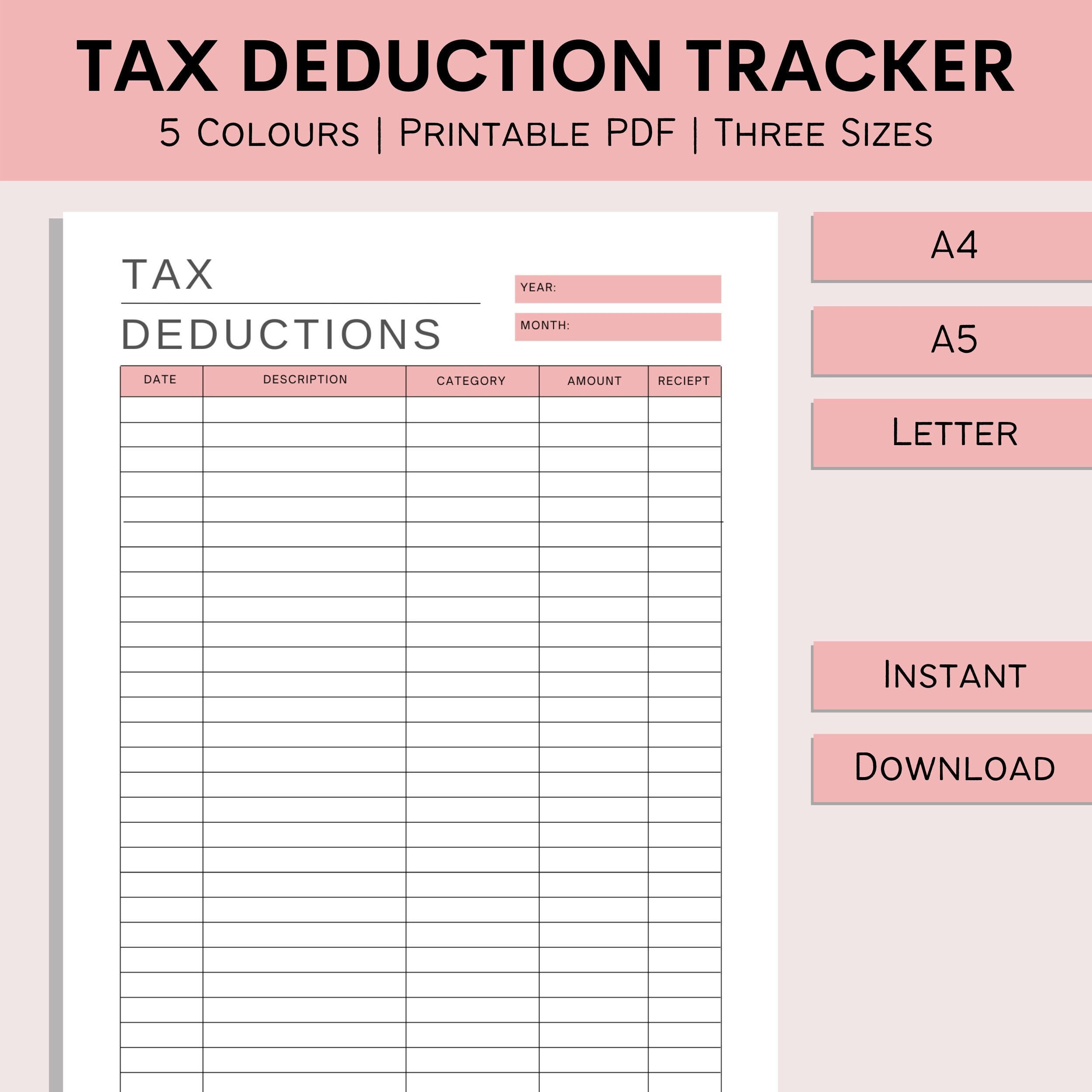 Tax Deduction Tracker Printable Tax Sheet Business Decduction Log Online Tax Form Financial Plan Record PDF A4 A5 Letter Etsy
