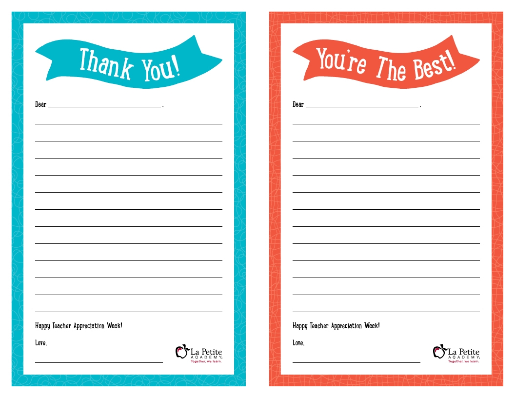 Teacher Appreciation Week Free Printable Thank You Notes La Petite Academy