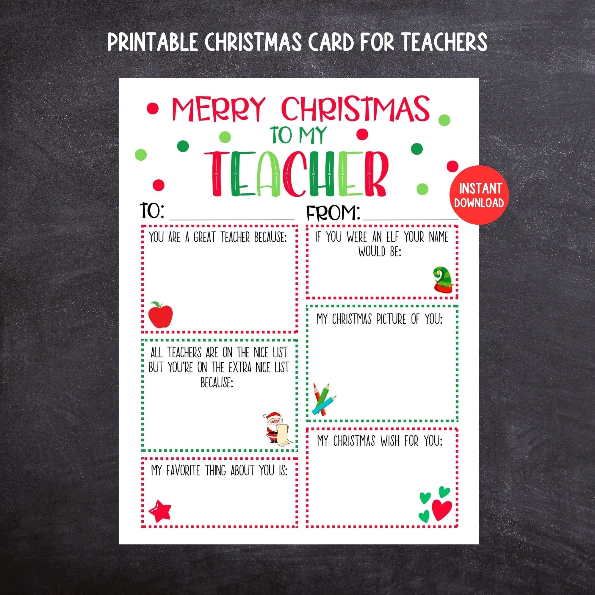 Teacher Christmas Card Printable Kids Christmas Card For Teachers Teacher Keepsake Kids Fill In The Blank Christmas Card For Teacher Etsy UK