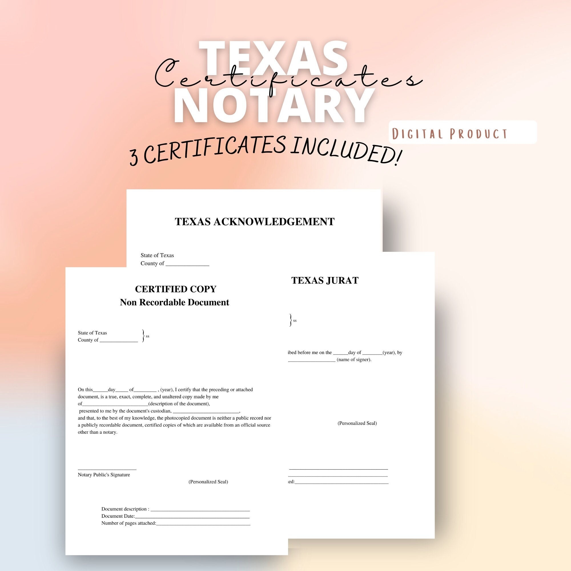 Texas Notary Certificates Notary Public Signing Agent Notary Forms Etsy