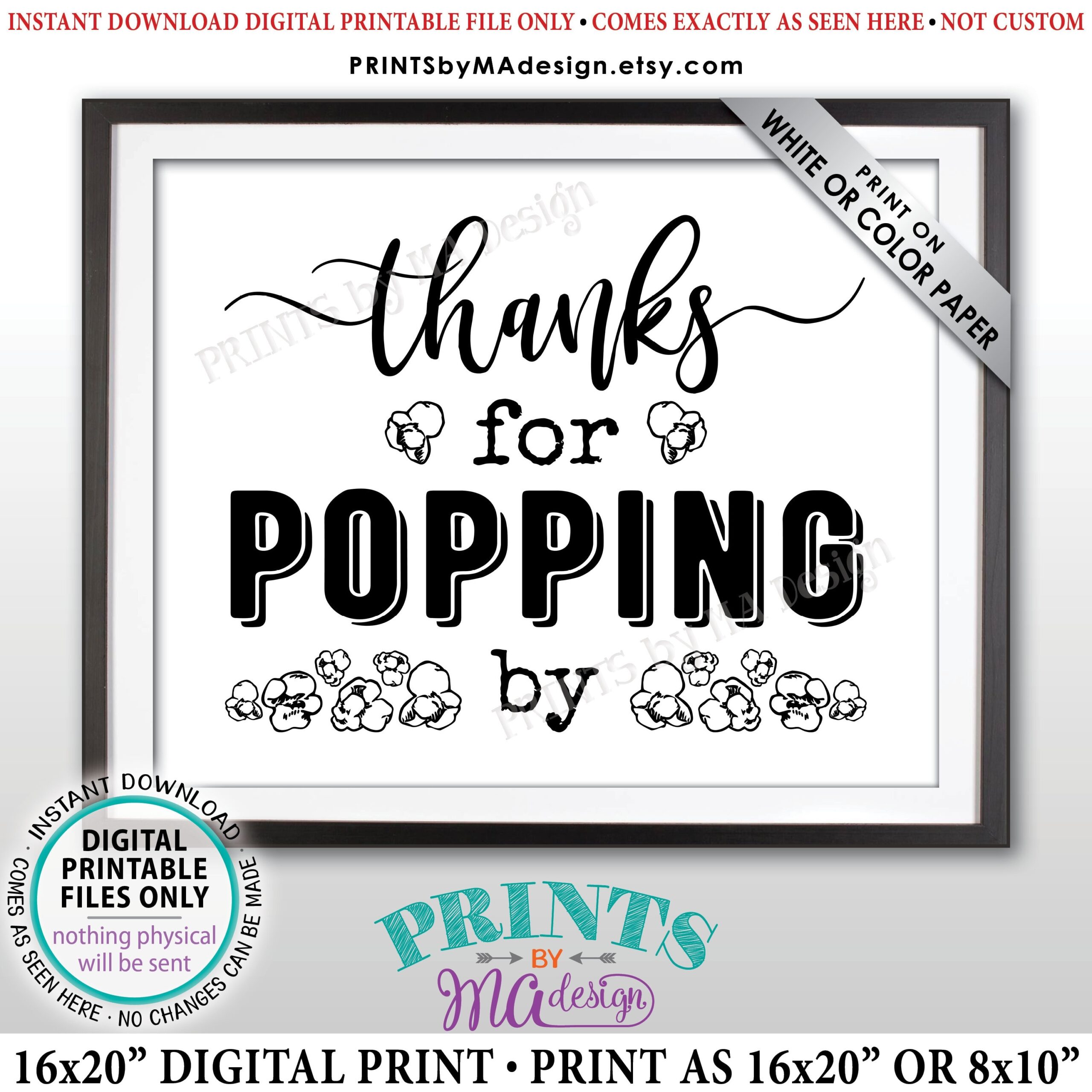 Thanks For Popping By Popcorn Sign Popcorn Bar PRINTABLE 8x10 16x20 Black U0026 White Sign Wedding Bridal Or Baby Shower Birthday