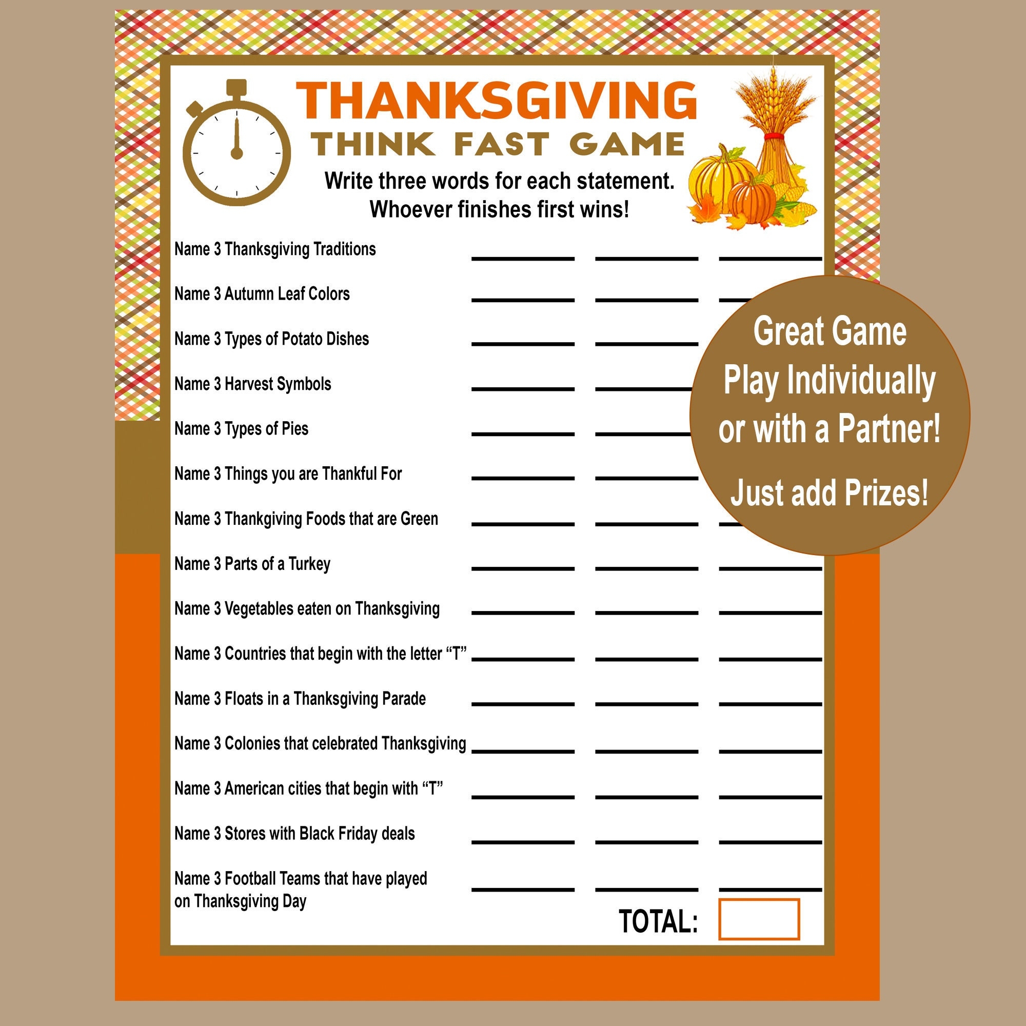 Thanksgiving Trivia Game Think Fast Game Thanksgiving Printable Games Fun Friendsgiving Game Zoom Game Family Game Instant Download
