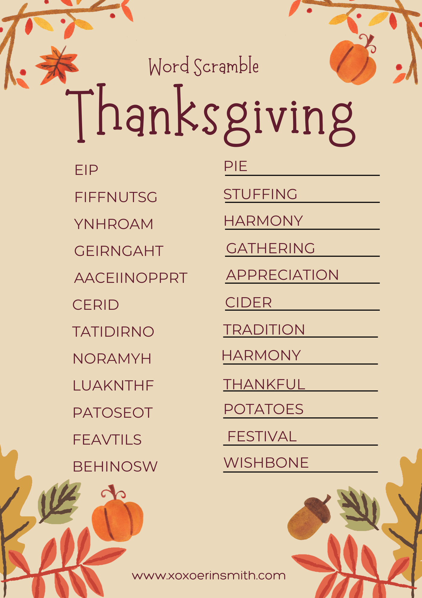 Thanksgiving Word Scramble Fun Free Printable Puzzle Xoxoerinsmith