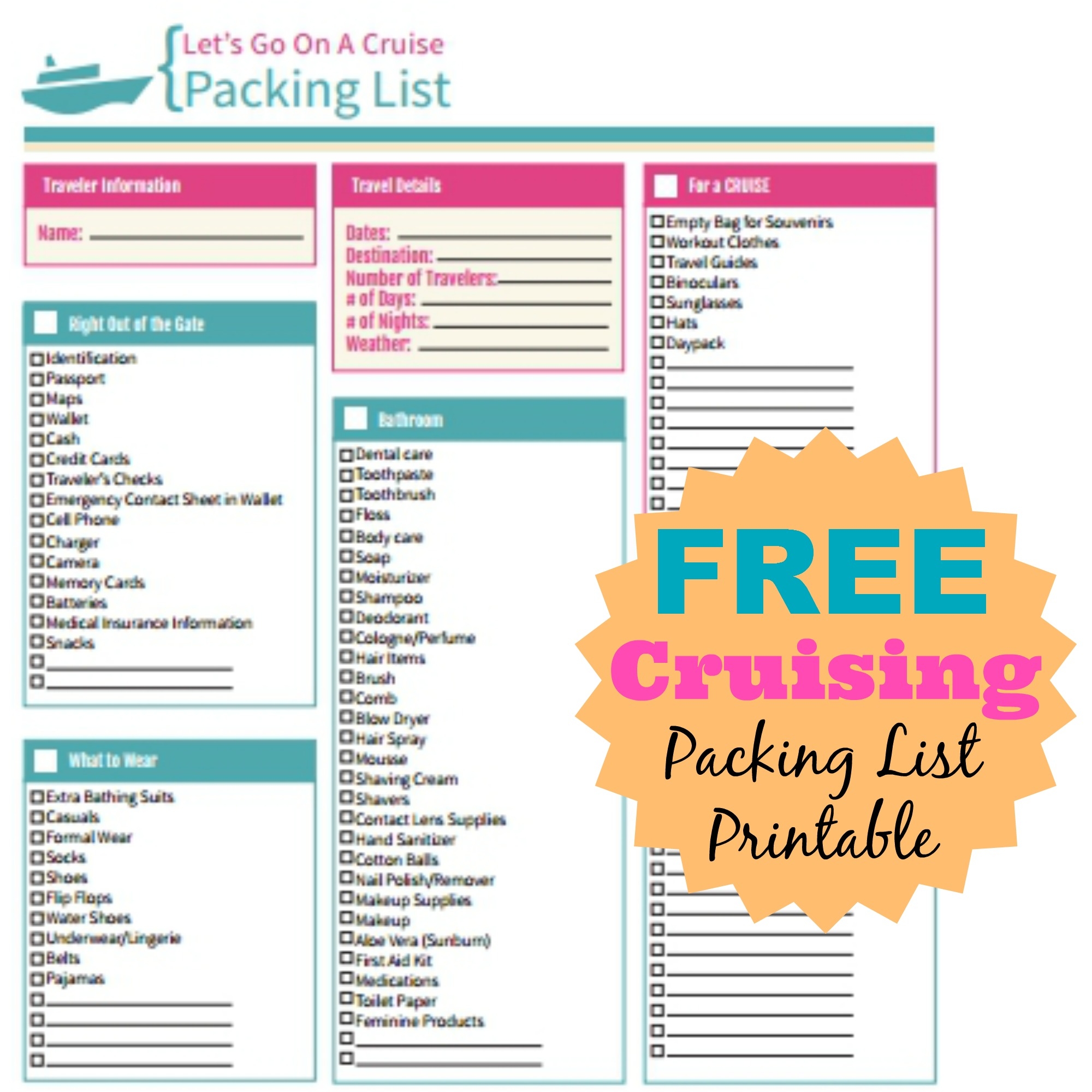 Free Printable Cruise Packing Checklist