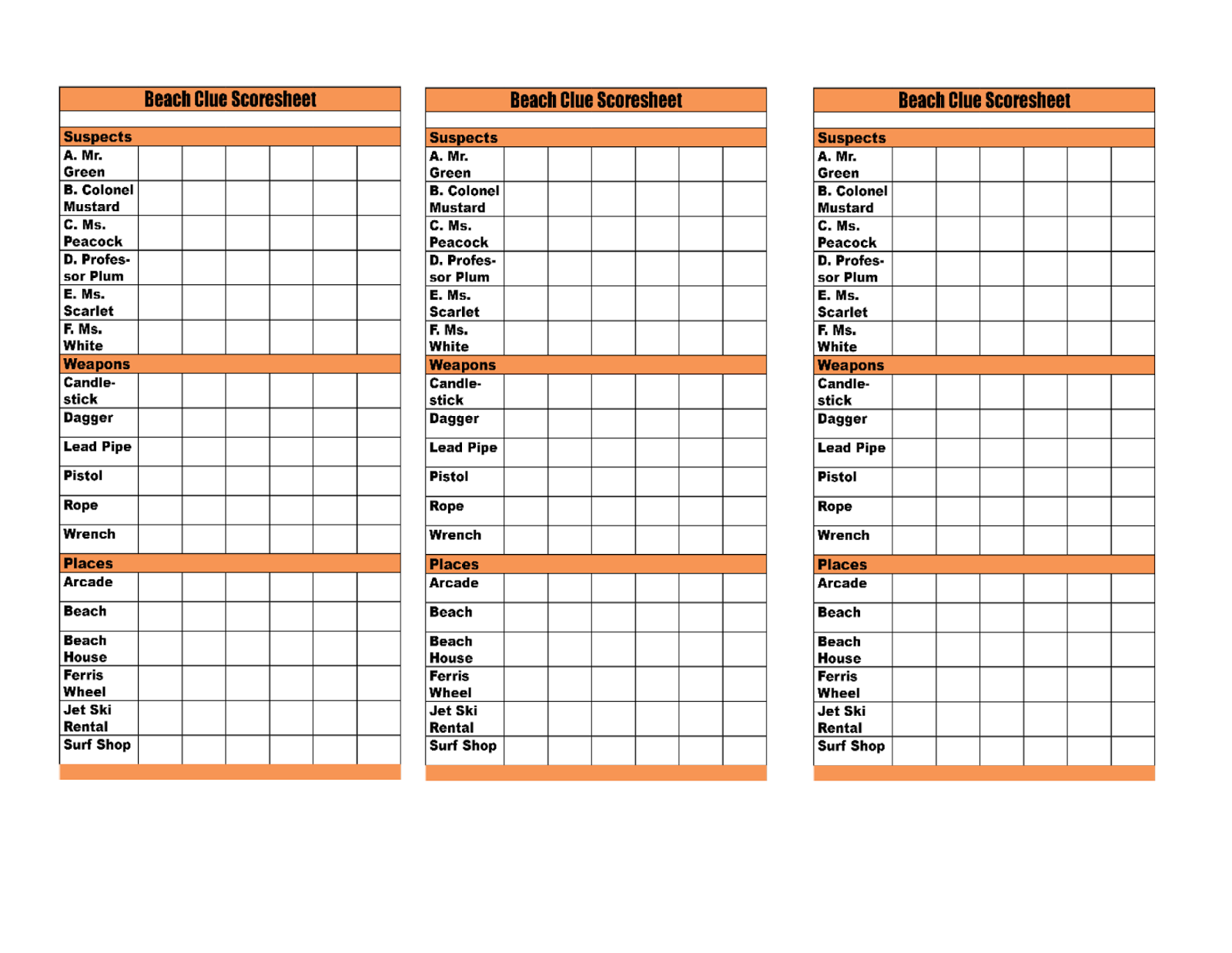 Time To Talk About It CLUE 2013 FREE Manor Beach Score Sheets For Print