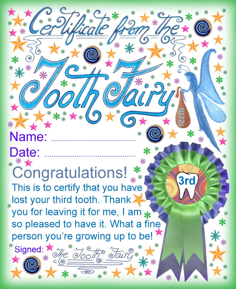 Tooth Fairy Certificate Award For Losing Your Third Tooth 