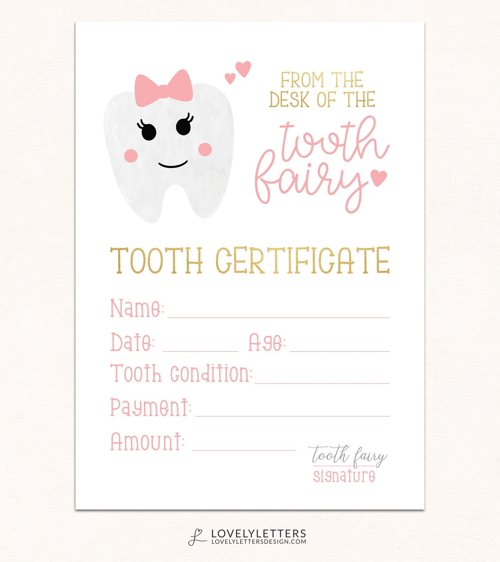 Tooth Fairy Certificate DIGITAL Tooth Fairy Printable Tooth Fairy Receipt Girls Tooth Fairy Print Certificate From Tooth Fairy Etsy