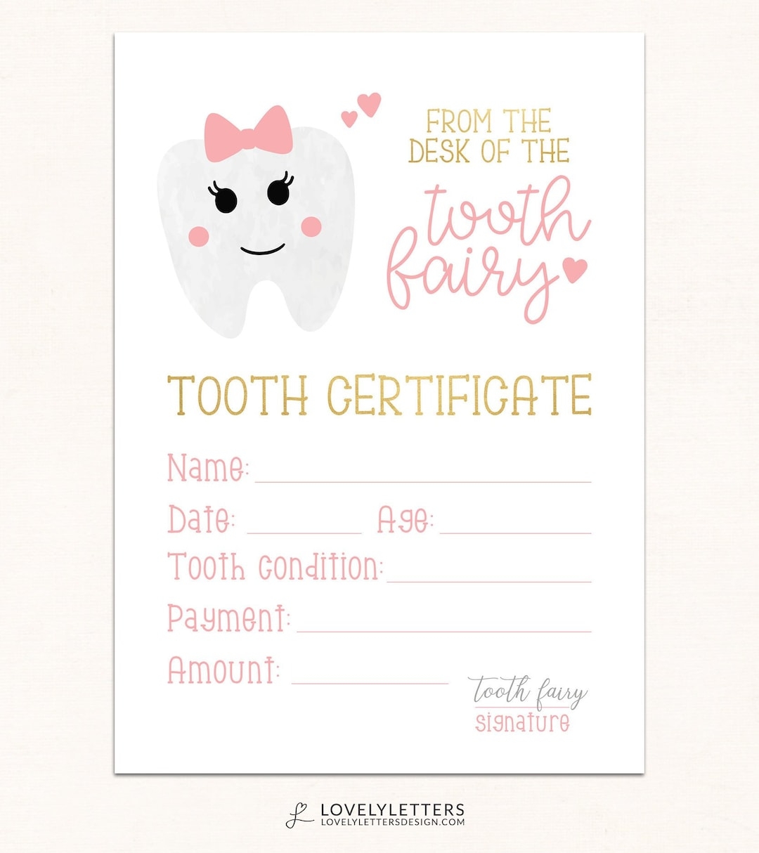 Tooth Fairy Certificate DIGITAL Tooth Fairy Printable Tooth Fairy Receipt Girls Tooth Fairy Print Certificate From Tooth Fairy Etsy UK